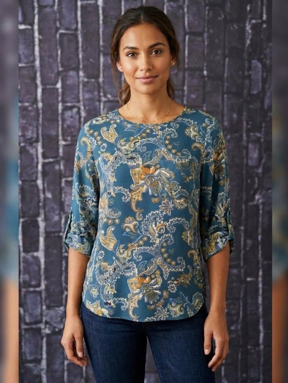 Lily White Teal Paisley Boho Blouse Size S 3/4 Roll-Tab Sleeve Patterned New!